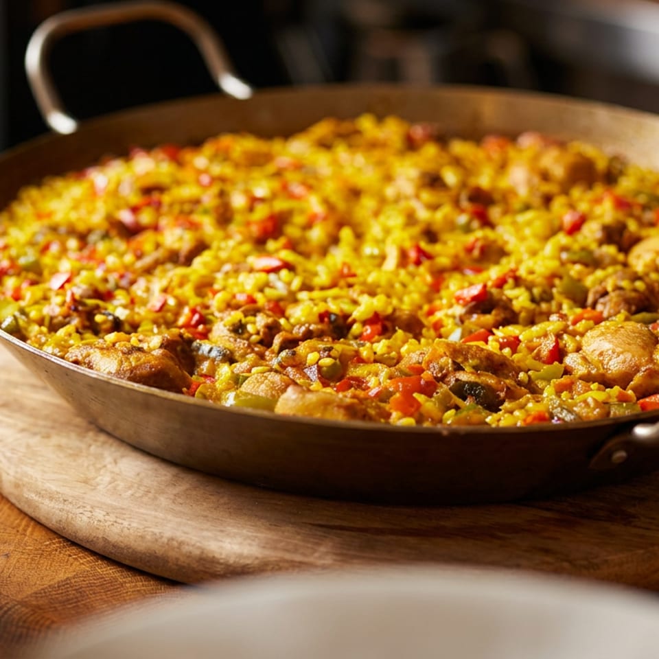 A large, golden paella with chicken and vegetables in a copper pan on a wooden board.