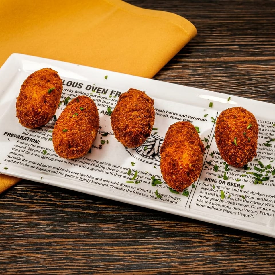 Five golden-brown breaded croquettes garnished with herbs on a rectangular newspaper-print plate beside a mustard-yellow napkin.