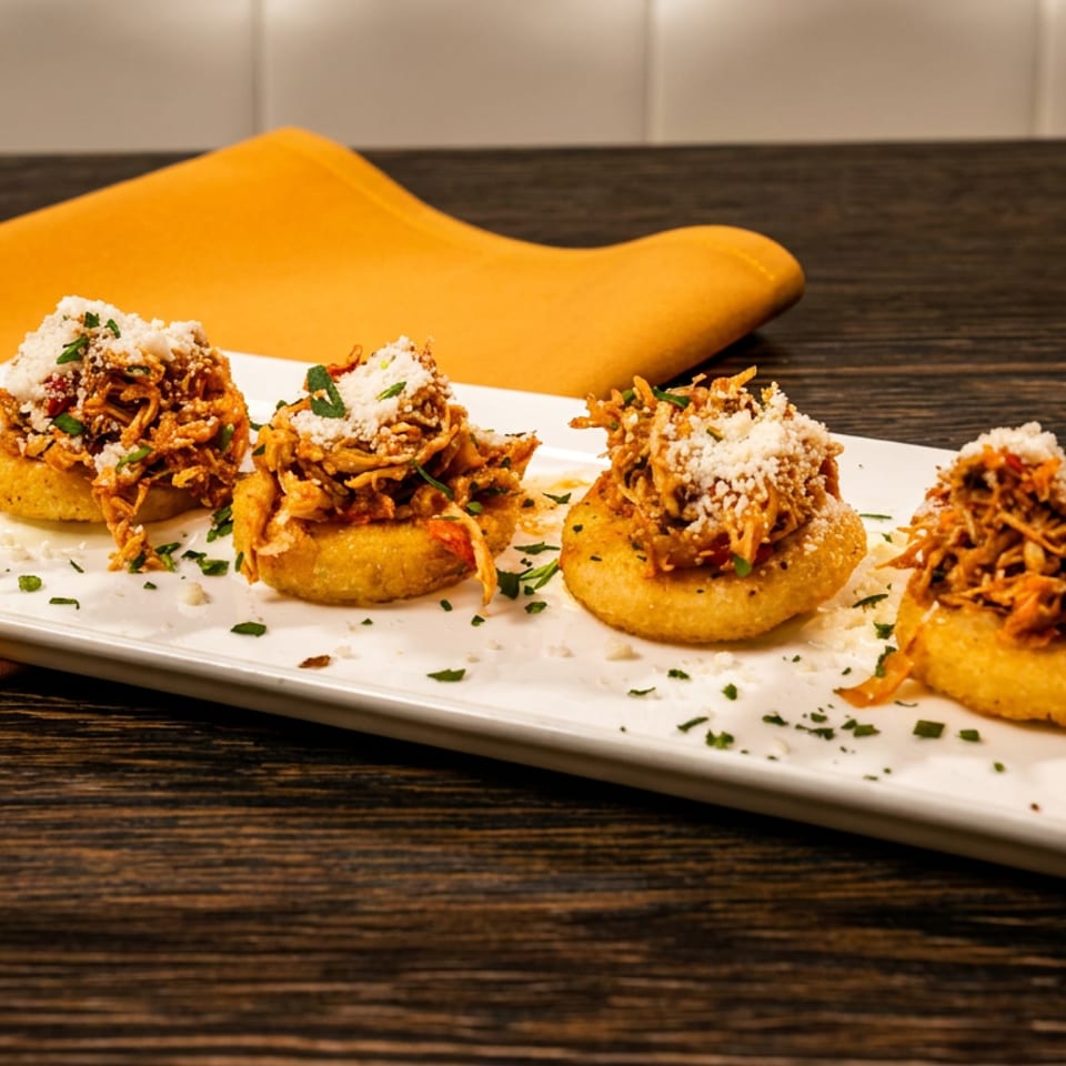 Four golden corn cakes topped with shredded chicken, cheese, and herbs on a white plate.