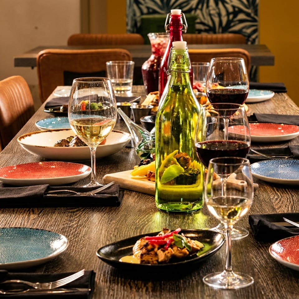 A long wooden dining table set with colorful plates, wine glasses, and appetizers in a restaurant.