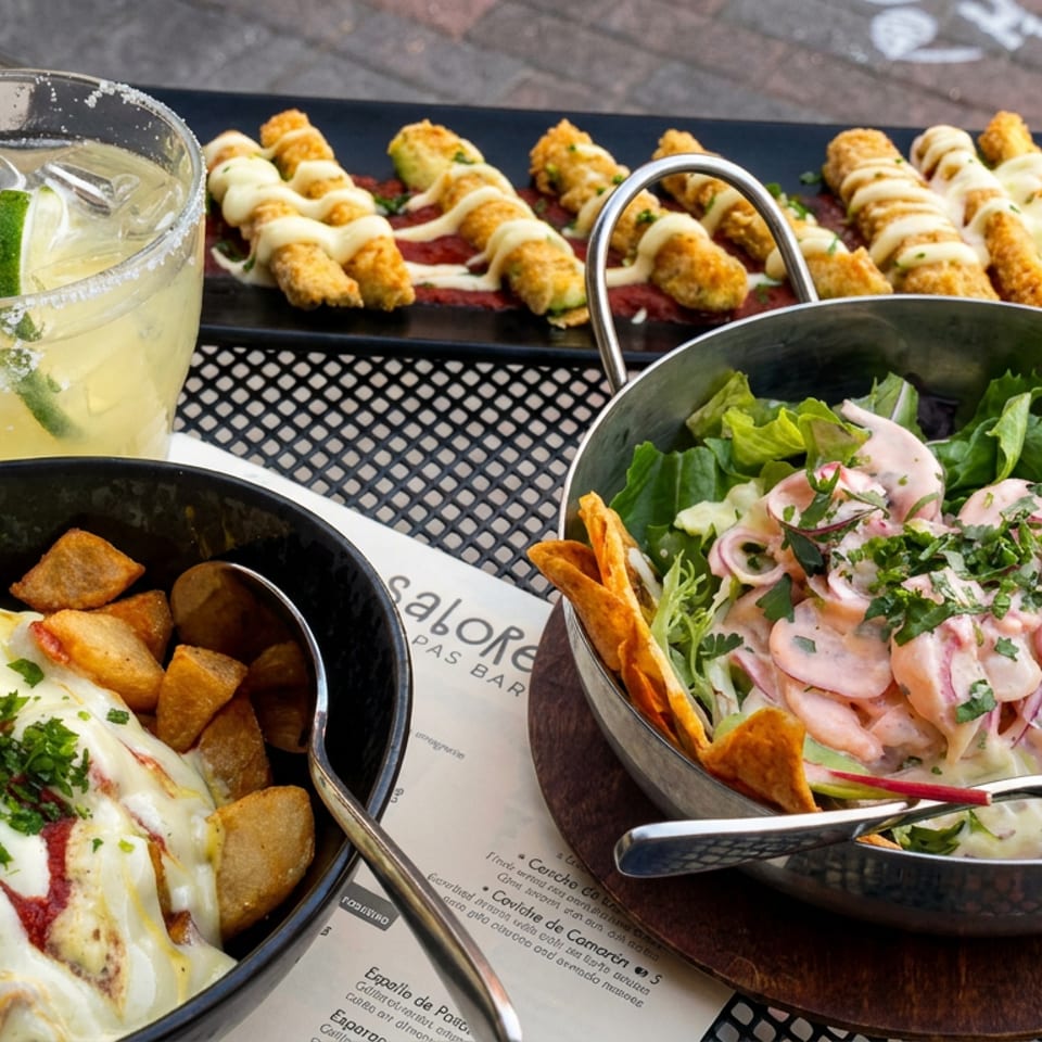 A table with a margarita, fried cheese sticks, potatoes with cheese and sauce, and a shrimp salad.