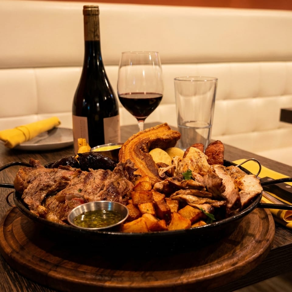 A large platter of grilled meats, potatoes, and vegetables with a bottle of red wine and glasses.