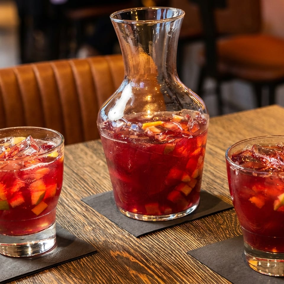 A pitcher and two glasses of red sangria with fruit and ice on a wooden table.