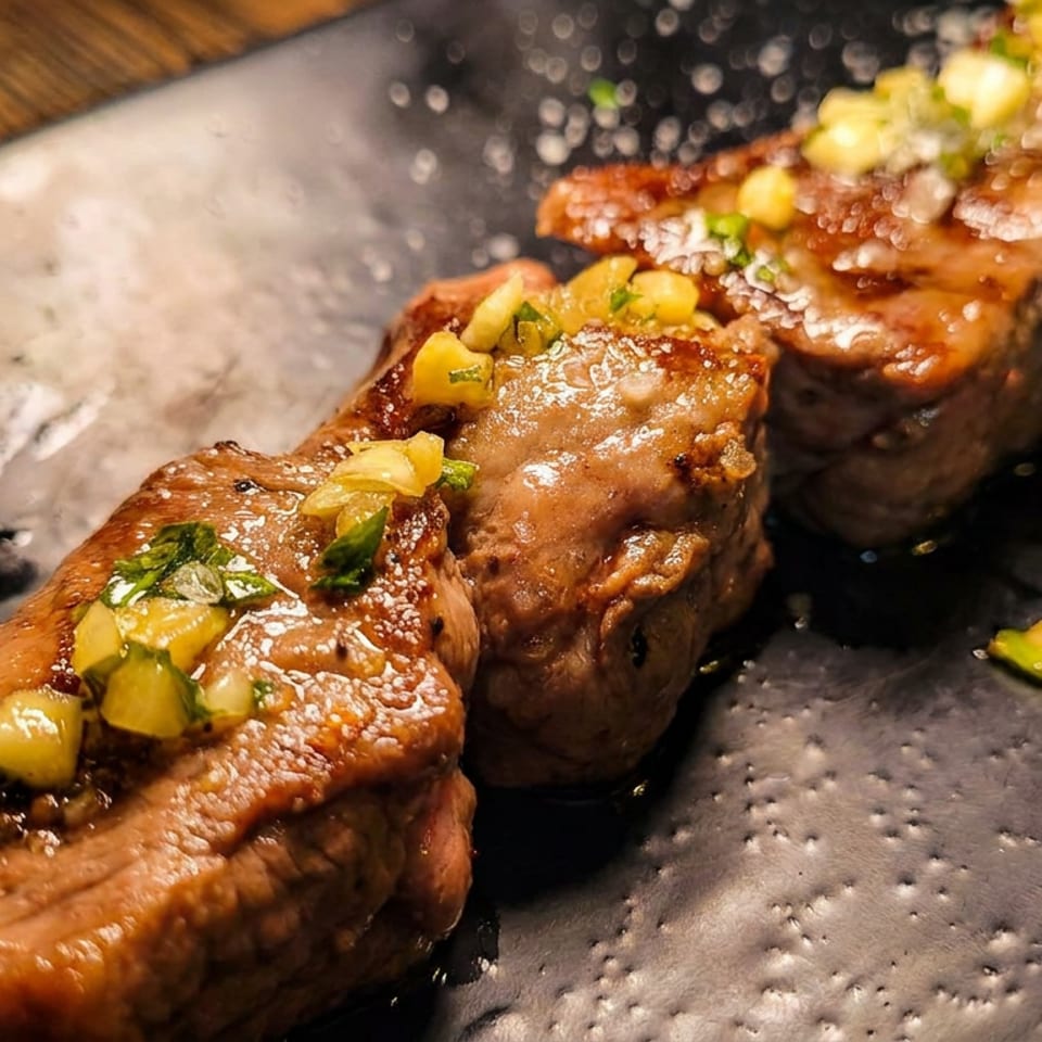 Grilled meat skewers topped with a vibrant green and yellow relish, served on a dark plate.