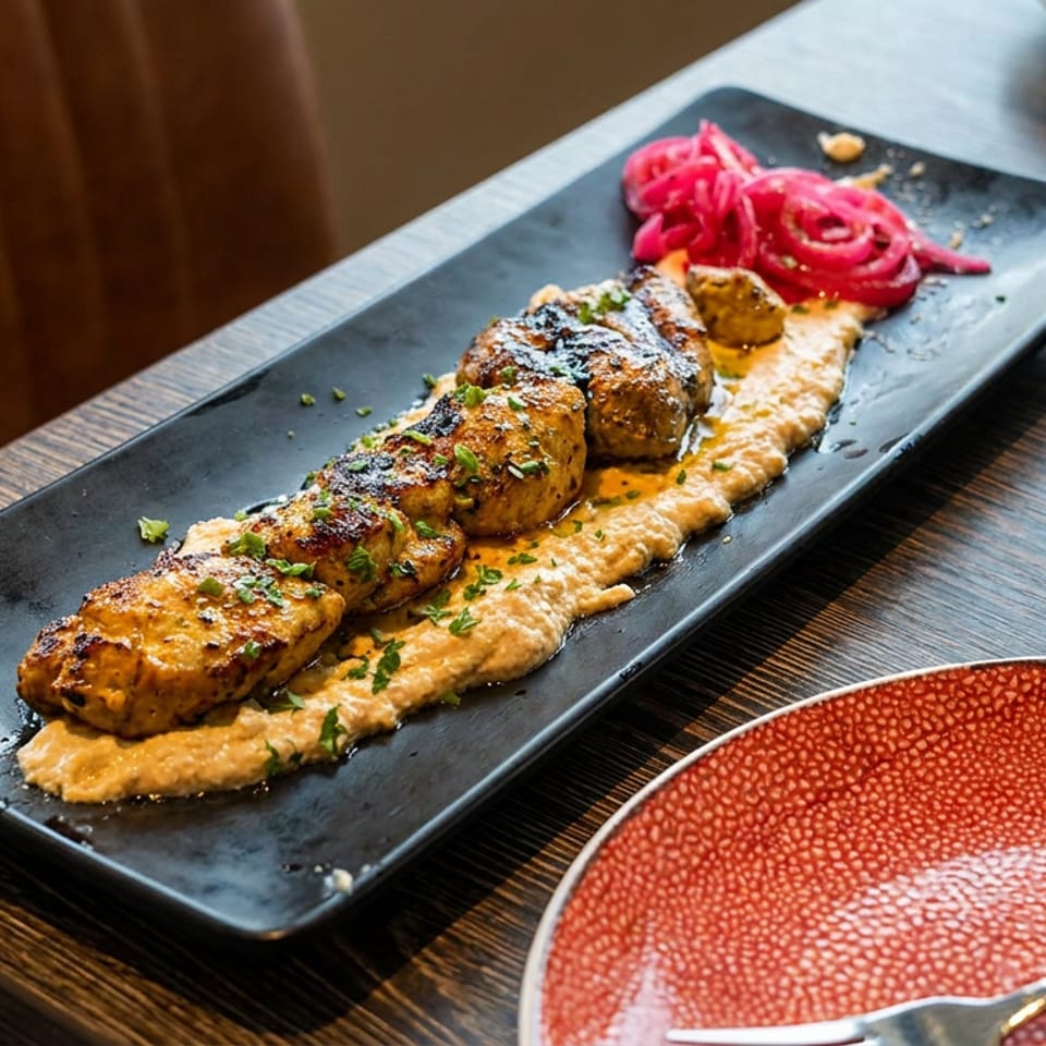 Grilled chicken skewers on a bed of hummus with pickled red onions on a black plate.