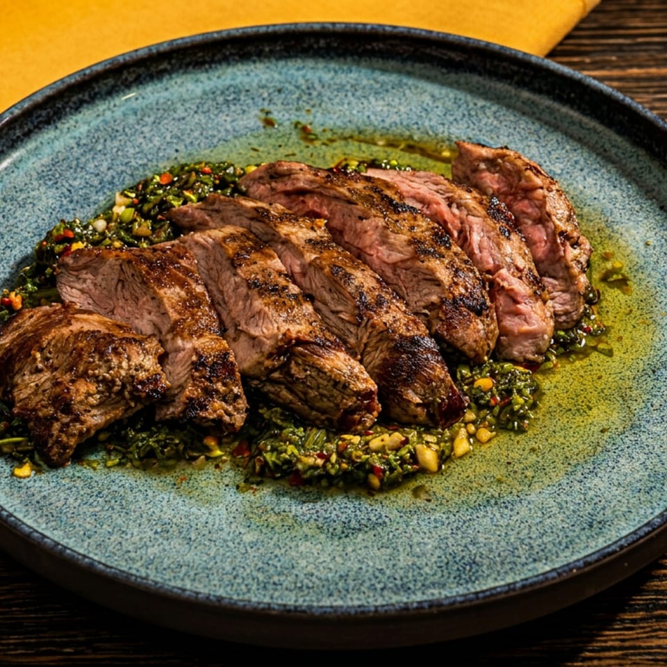 Sliced grilled steak with a green herb sauce on a blue plate, with a yellow napkin and cutlery.